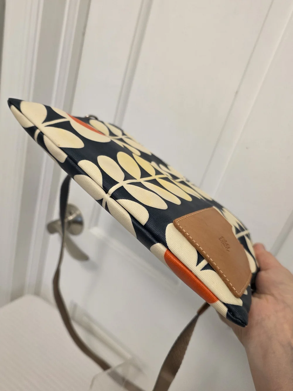 Orla Kiely Navy Crossbody/Clutch W/ Cream Stem Pattern & Orange Dot Lightweight